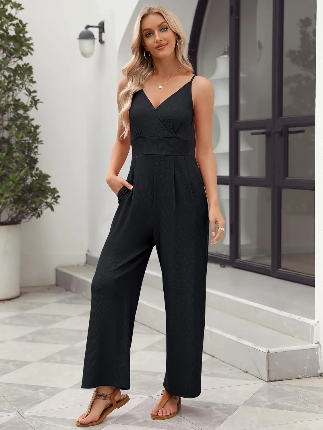 ANRABESS Jumpsuits for Women 2025 Summer Dressy Spaghetti Strap Ribbed V Neck Wide Leg Overalls Flowy Romper Jumpers Outfits