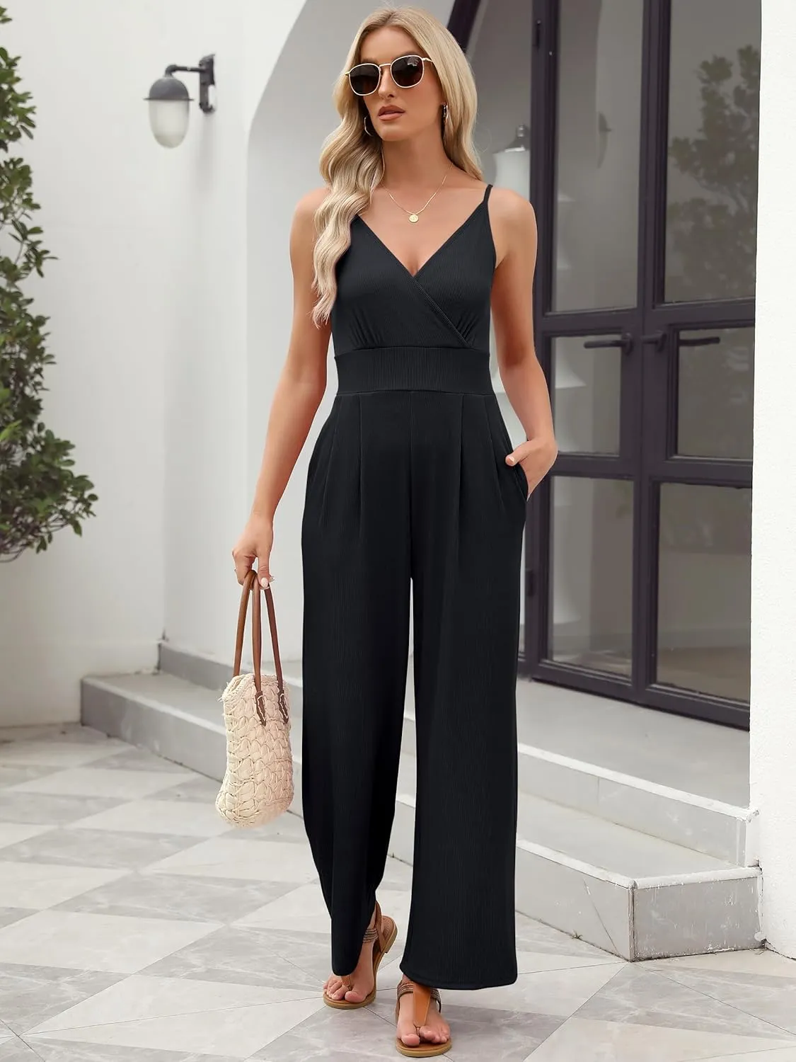 ANRABESS Jumpsuits for Women 2025 Summer Dressy Spaghetti Strap Ribbed V Neck Wide Leg Overalls Flowy Romper Jumpers Outfits