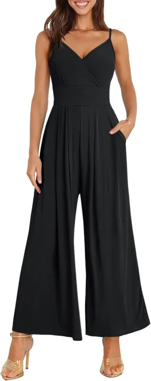 ANRABESS Jumpsuits for Women 2025 Summer Dressy Spaghetti Strap Ribbed V Neck Wide Leg Overalls Flowy Romper Jumpers Outfits