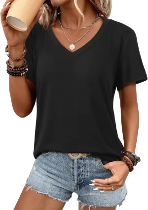 ATHMILE Womens V Neck Short Sleeve Summer T Shirts Curved Hem Plain Top Beach