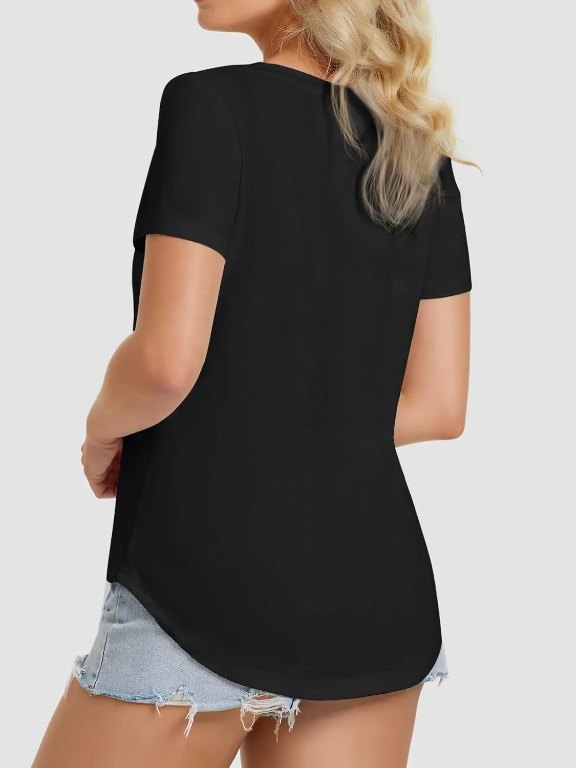 ATHMILE Womens V Neck Short Sleeve Summer T Shirts Curved Hem Plain Top Beach