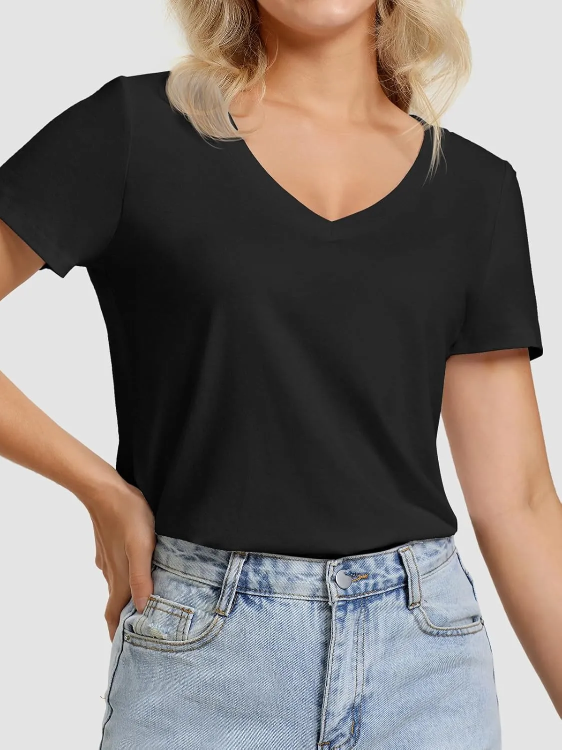 ATHMILE Womens V Neck Short Sleeve Summer T Shirts Curved Hem Plain Top Beach