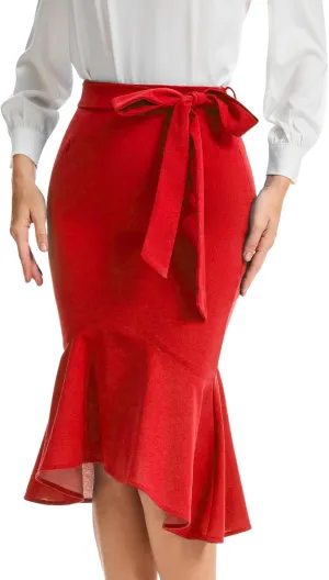 Bbonlinedress Womens Midi Pencil Skirt Fishtail Work Office Church Bodycon High Waist Mermaid Skirts with Bow Tie Belt