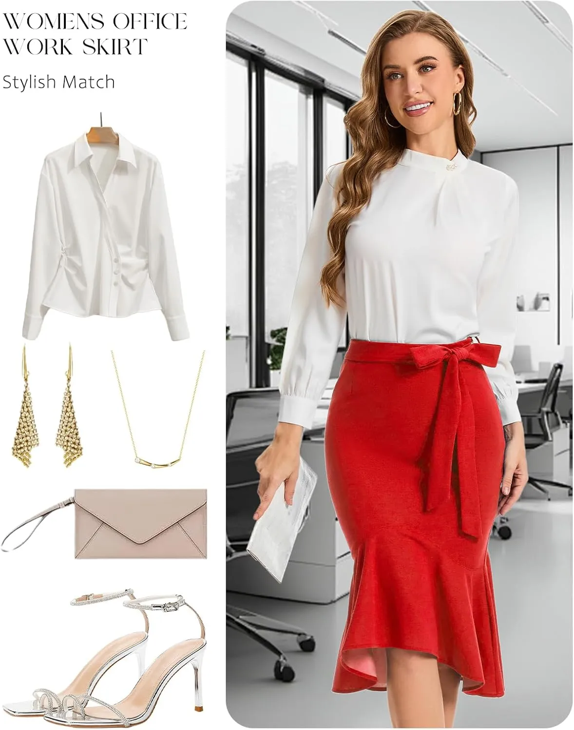 Bbonlinedress Womens Midi Pencil Skirt Fishtail Work Office Church Bodycon High Waist Mermaid Skirts with Bow Tie Belt