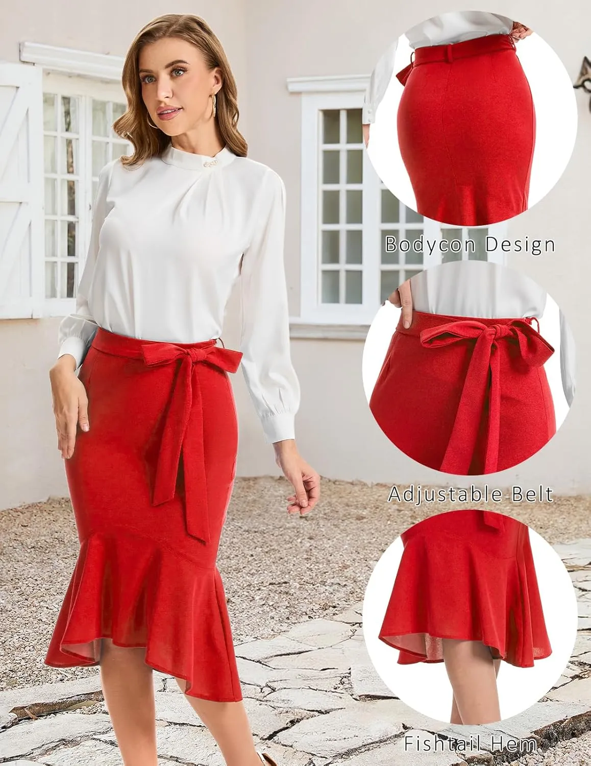 Bbonlinedress Womens Midi Pencil Skirt Fishtail Work Office Church Bodycon High Waist Mermaid Skirts with Bow Tie Belt