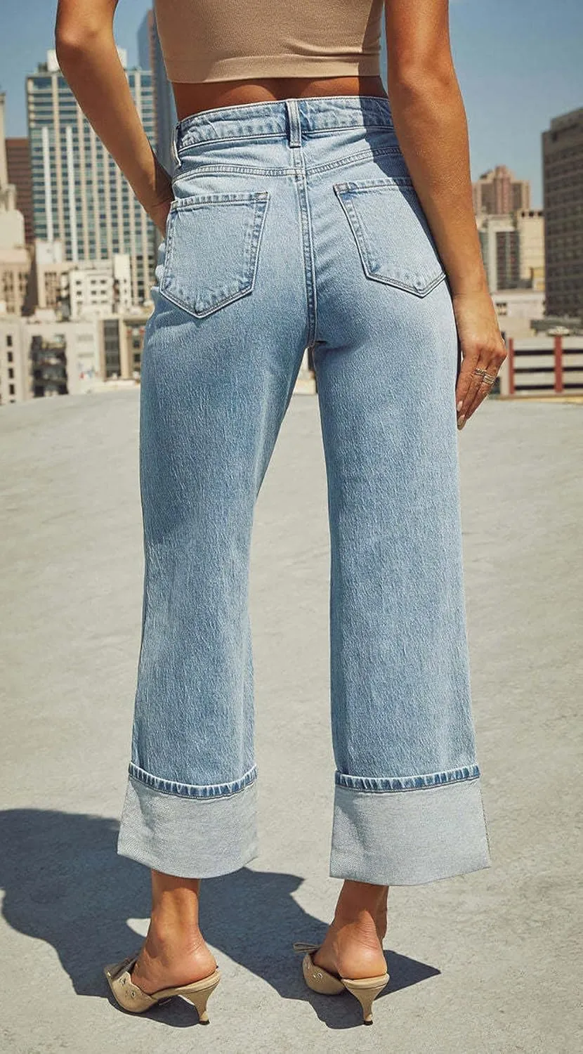 CHARTOU Wide Leg Cropped Jeans for Women High Waist Boyfriends Rolled Up Cuffed Denim Pants