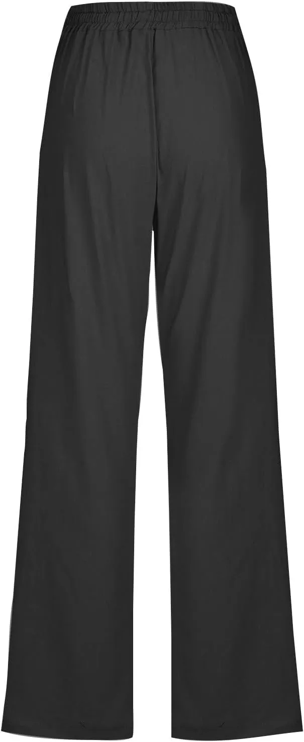 Cotton Linen Pants Women,Casual High Waist Drawstring Lounge Pants Loose Fit Pull on Straight Leg Pant with Pockets