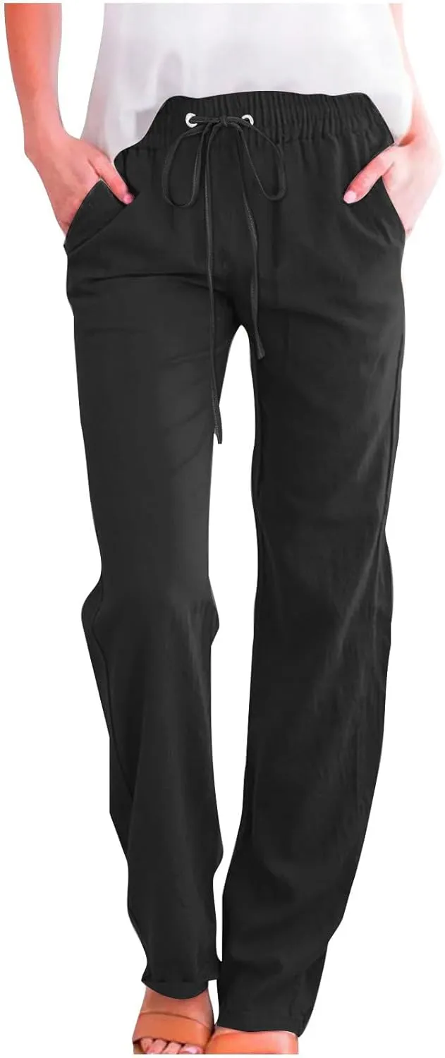 Cotton Linen Pants Women,Casual High Waist Drawstring Lounge Pants Loose Fit Pull on Straight Leg Pant with Pockets