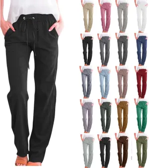 Cotton Linen Pants Women,Casual High Waist Drawstring Lounge Pants Loose Fit Pull on Straight Leg Pant with Pockets