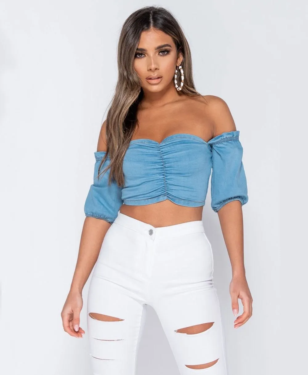 Denim Short Sleeve Bandeau Crop Top