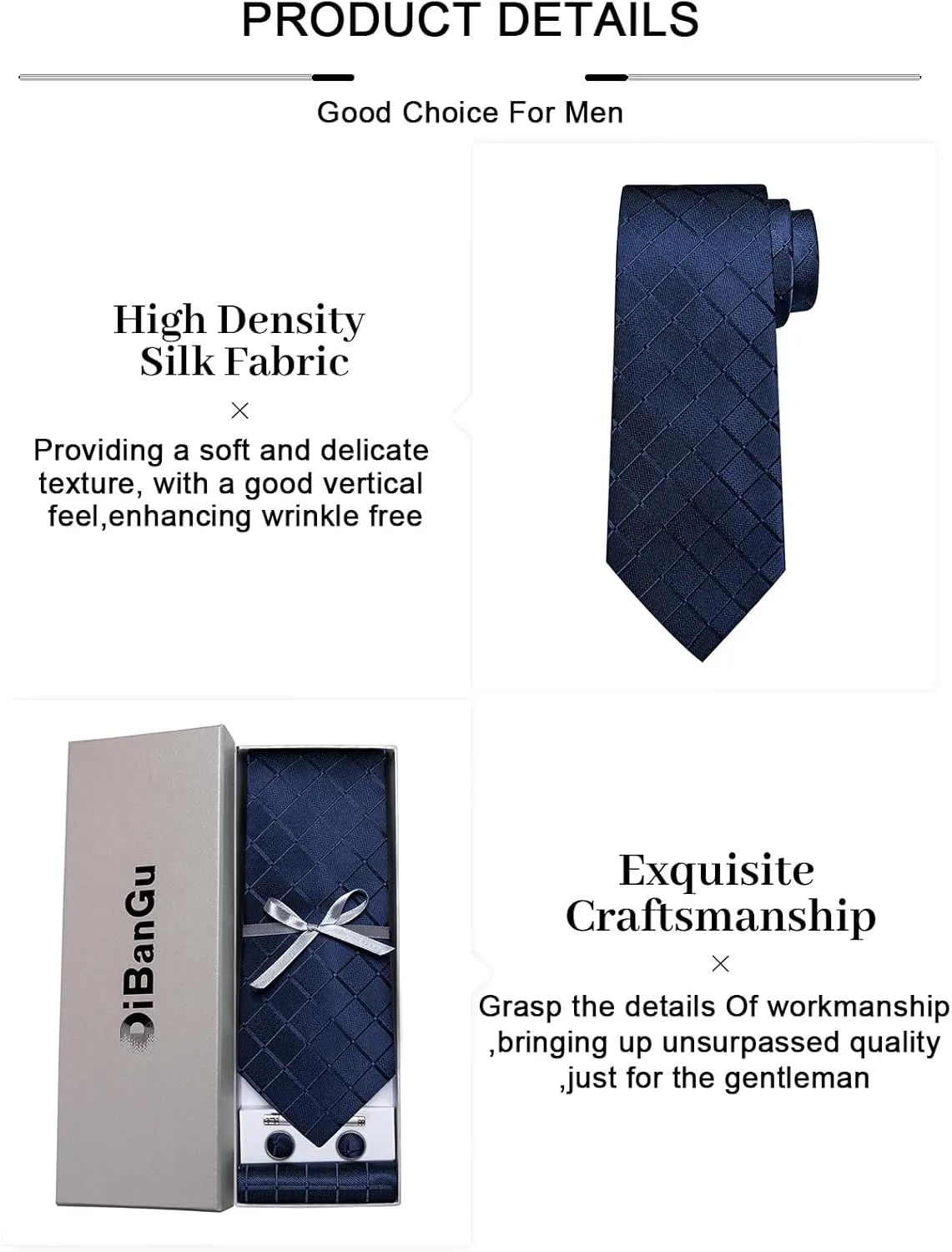 DiBanGu Plaid Ties for Men Silk Checkered Necktie and Pocket Square Cufflinks Tie Clip Set with Gift Box for Wedding Business