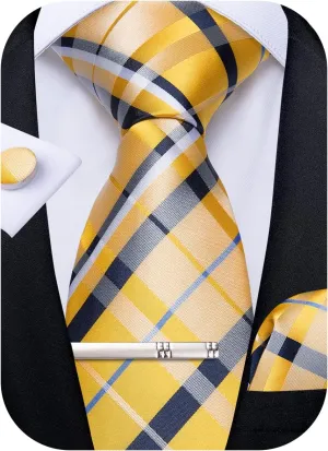 DiBanGu Plaid Ties for Men Silk Checkered Necktie and Pocket Square Cufflinks Tie Clip Set with Gift Box for Wedding Business