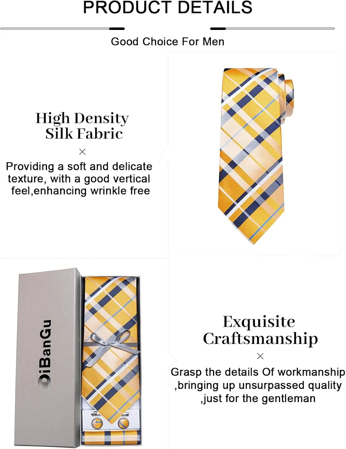 DiBanGu Plaid Ties for Men Silk Checkered Necktie and Pocket Square Cufflinks Tie Clip Set with Gift Box for Wedding Business