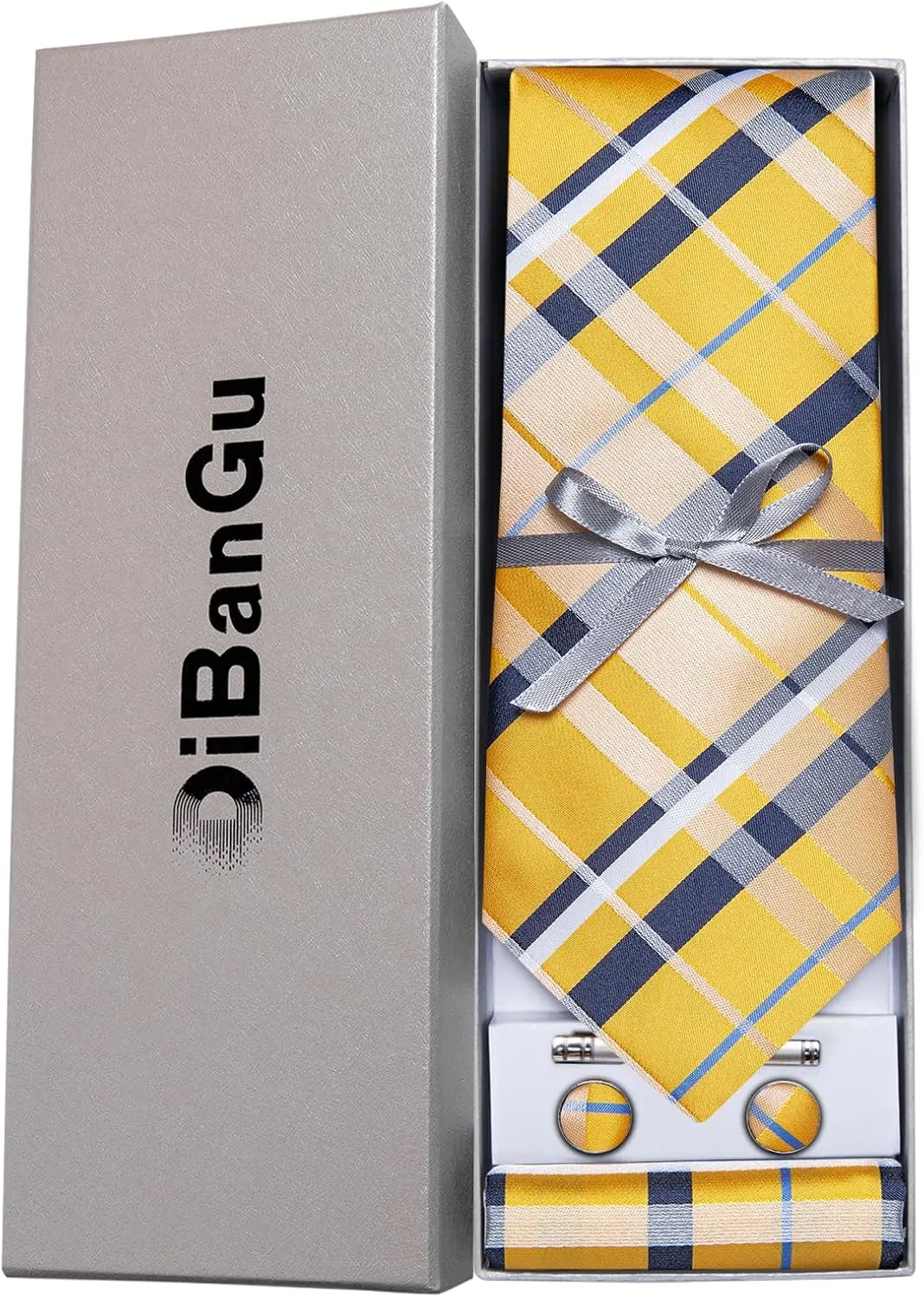 DiBanGu Plaid Ties for Men Silk Checkered Necktie and Pocket Square Cufflinks Tie Clip Set with Gift Box for Wedding Business