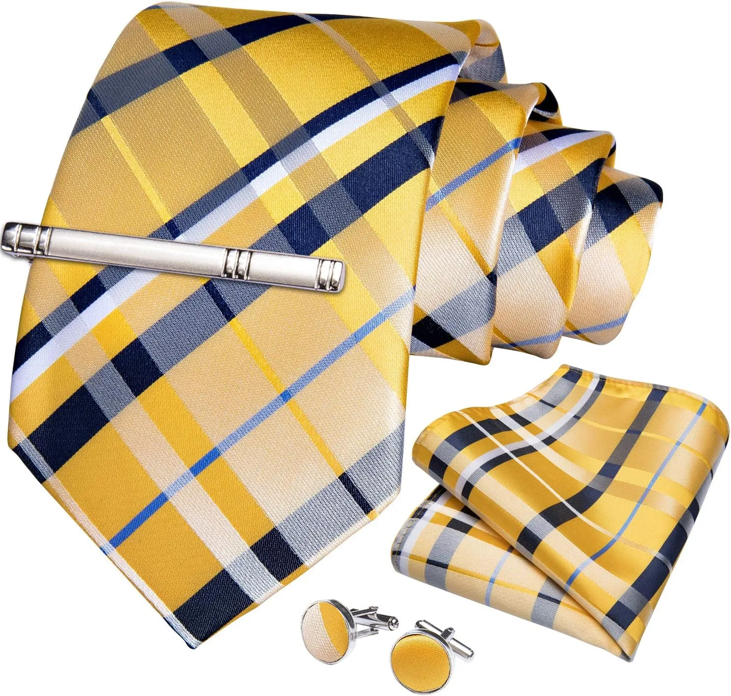 DiBanGu Plaid Ties for Men Silk Checkered Necktie and Pocket Square Cufflinks Tie Clip Set with Gift Box for Wedding Business