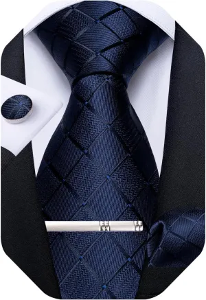 DiBanGu Plaid Ties for Men Silk Checkered Necktie and Pocket Square Cufflinks Tie Clip Set with Gift Box for Wedding Business