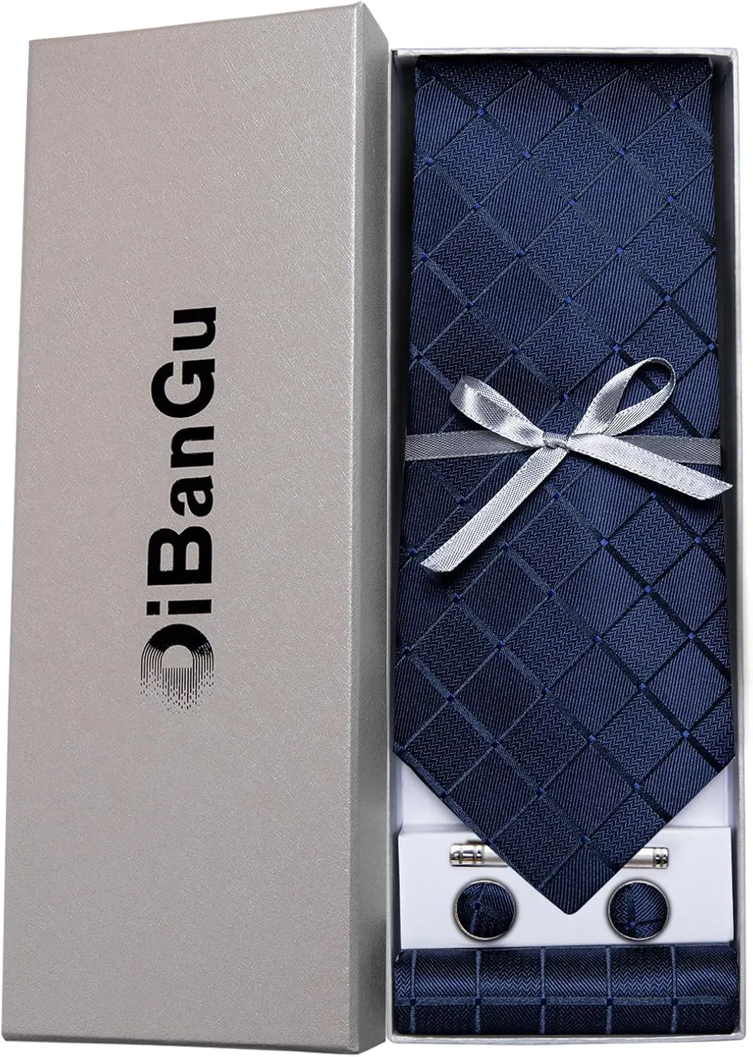 DiBanGu Plaid Ties for Men Silk Checkered Necktie and Pocket Square Cufflinks Tie Clip Set with Gift Box for Wedding Business