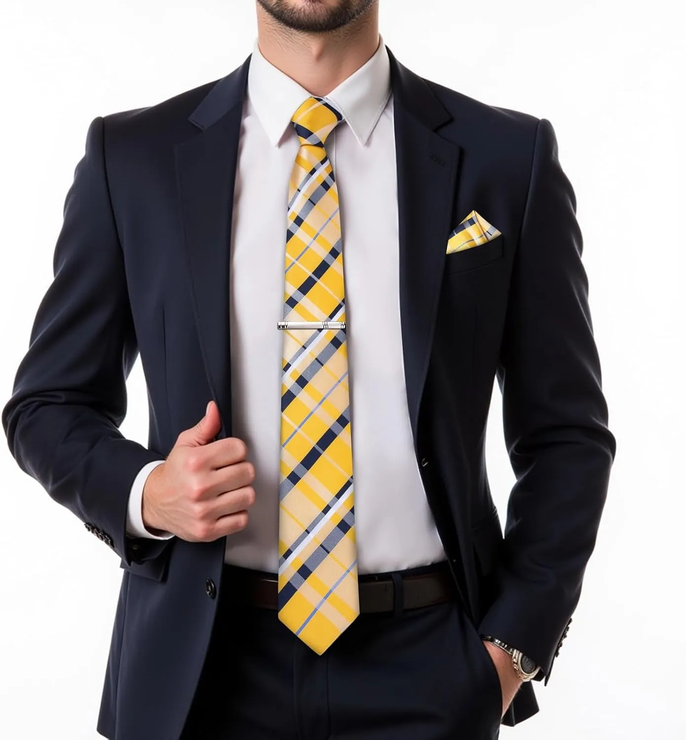 DiBanGu Plaid Ties for Men Silk Checkered Necktie and Pocket Square Cufflinks Tie Clip Set with Gift Box for Wedding Business