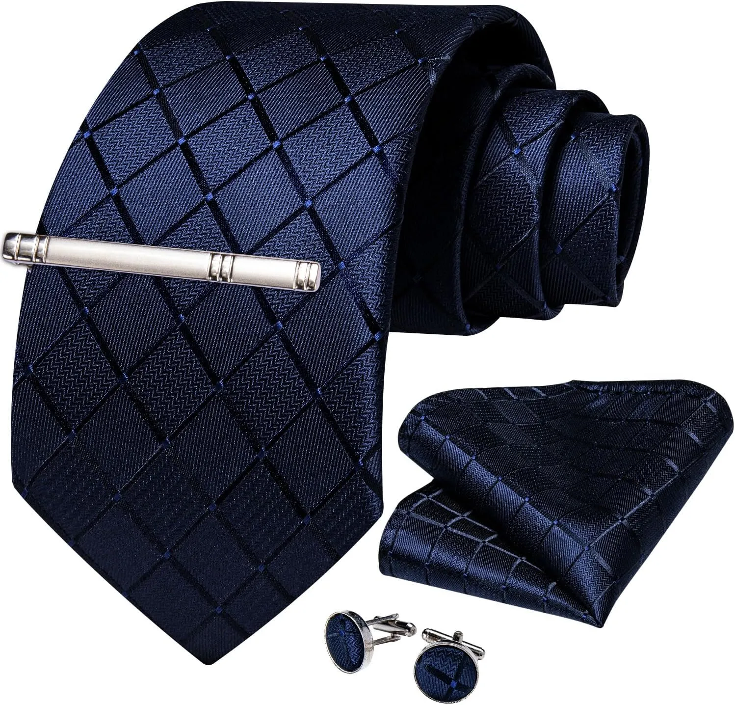 DiBanGu Plaid Ties for Men Silk Checkered Necktie and Pocket Square Cufflinks Tie Clip Set with Gift Box for Wedding Business