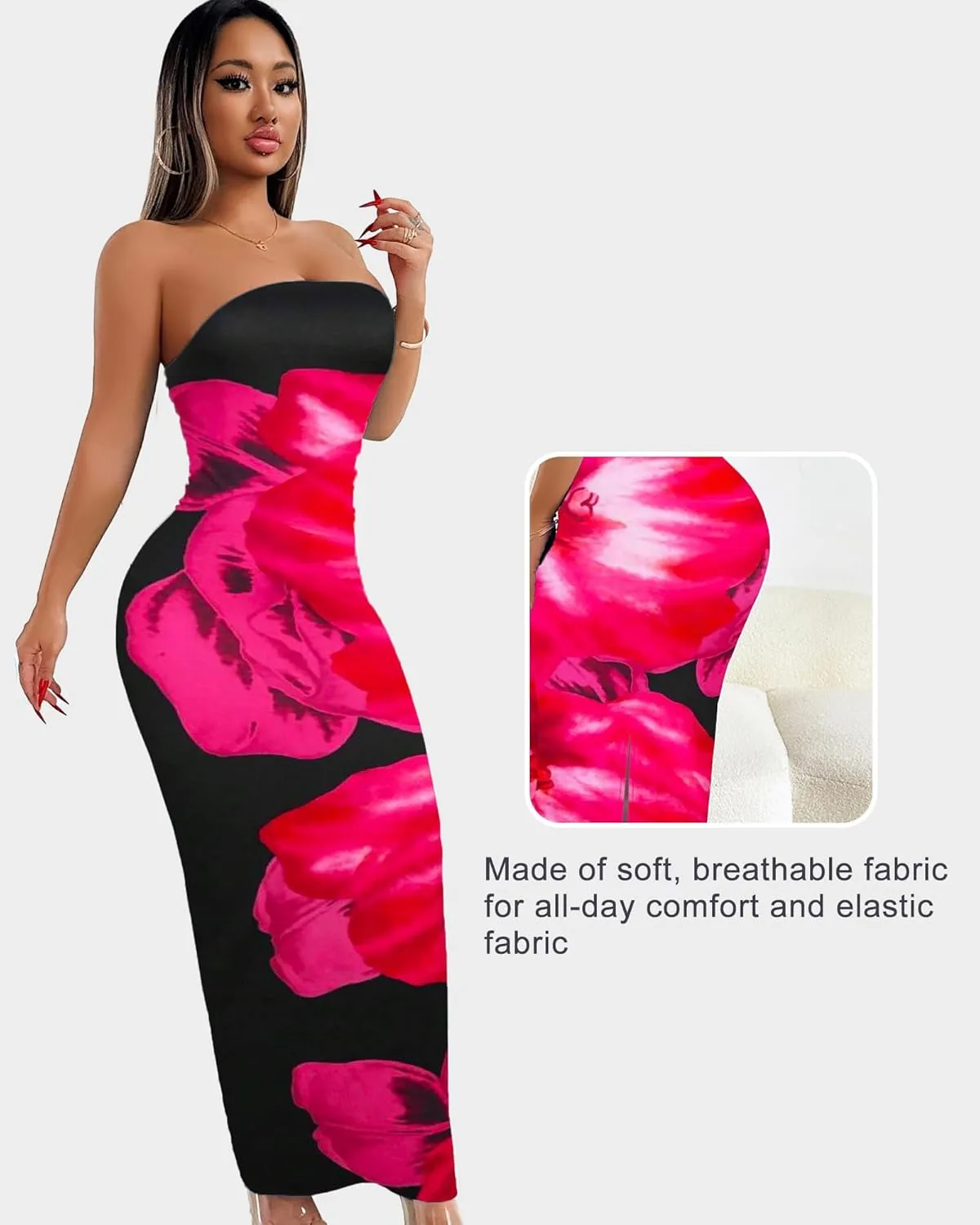 Floral Print Strapless Bodycon Maxi Dress - Sexy Summer Beach Dress for Women, Tropical Vacation Sundress, Club Party