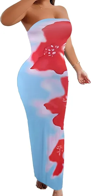 Floral Print Strapless Bodycon Maxi Dress - Sexy Summer Beach Dress for Women, Tropical Vacation Sundress, Club Party