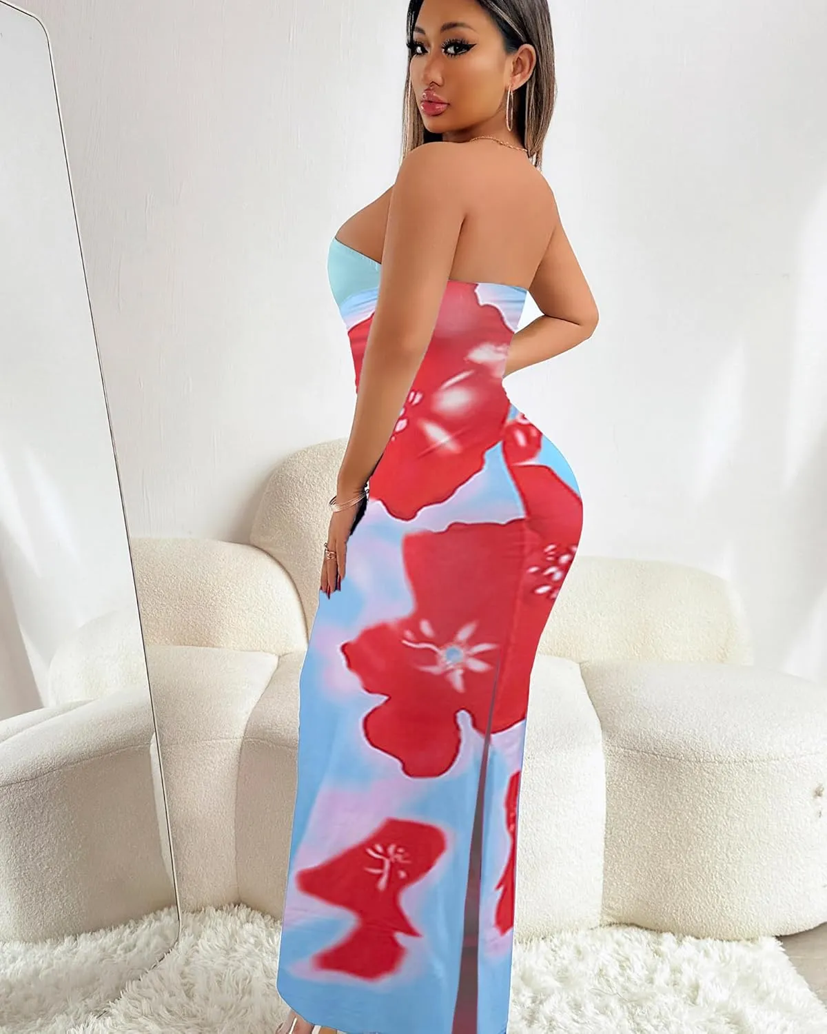 Floral Print Strapless Bodycon Maxi Dress - Sexy Summer Beach Dress for Women, Tropical Vacation Sundress, Club Party