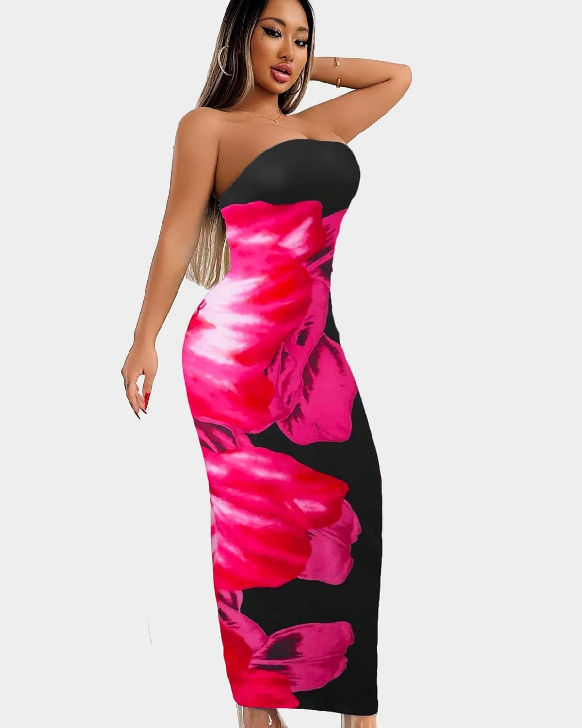 Floral Print Strapless Bodycon Maxi Dress - Sexy Summer Beach Dress for Women, Tropical Vacation Sundress, Club Party