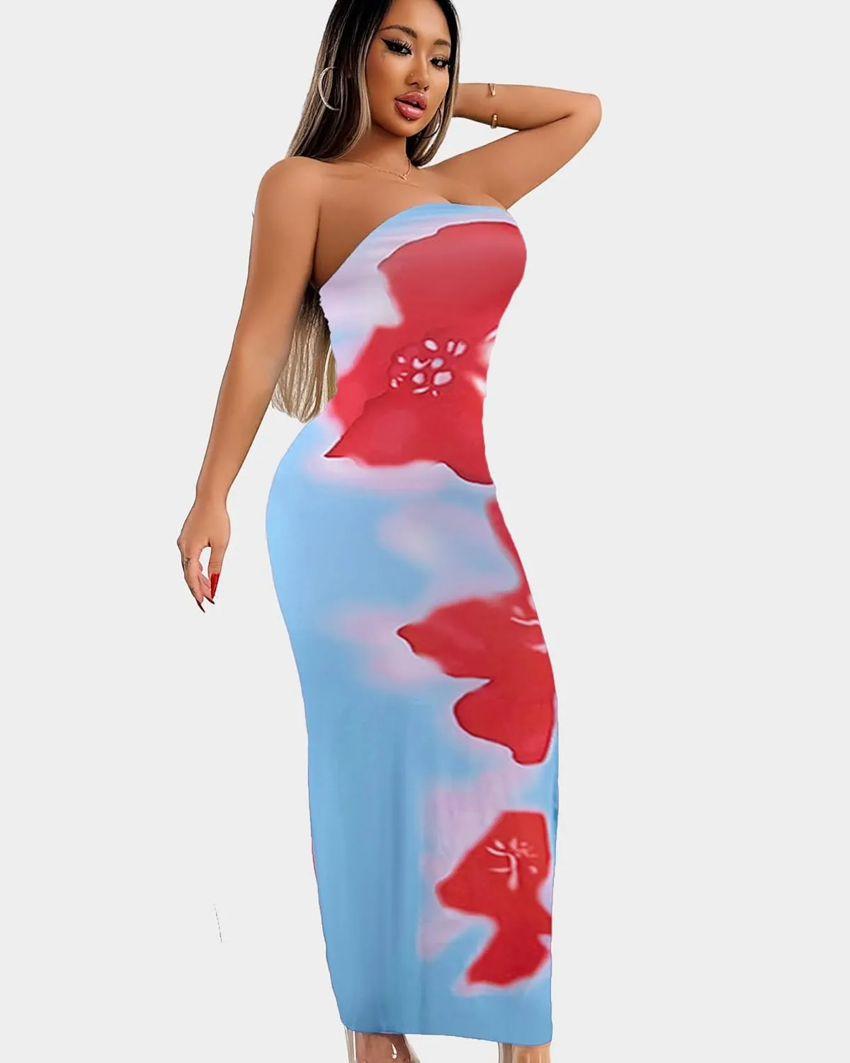 Floral Print Strapless Bodycon Maxi Dress - Sexy Summer Beach Dress for Women, Tropical Vacation Sundress, Club Party