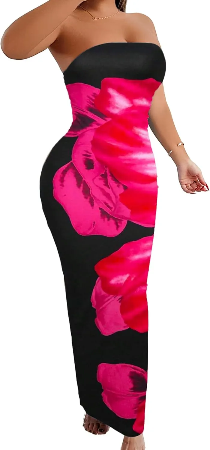 Floral Print Strapless Bodycon Maxi Dress - Sexy Summer Beach Dress for Women, Tropical Vacation Sundress, Club Party
