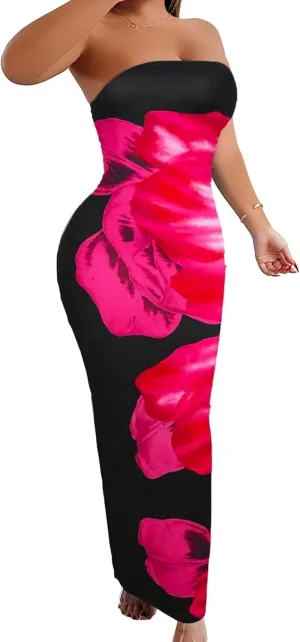 Floral Print Strapless Bodycon Maxi Dress - Sexy Summer Beach Dress for Women, Tropical Vacation Sundress, Club Party