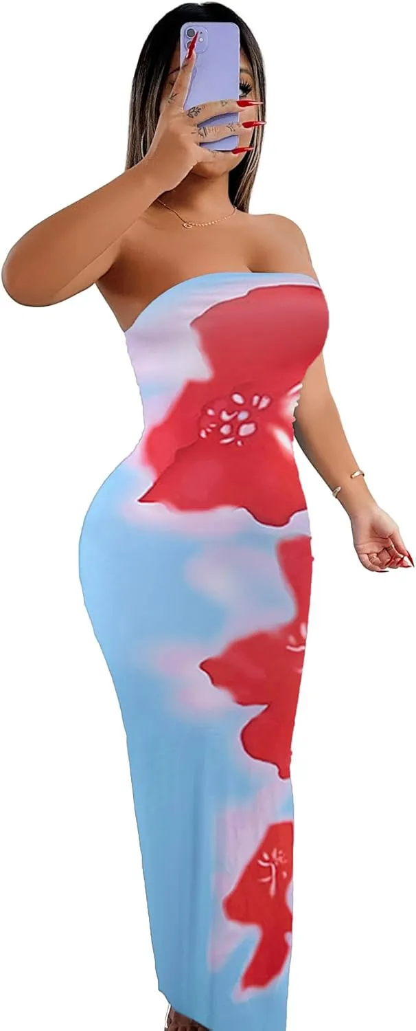 Floral Print Strapless Bodycon Maxi Dress - Sexy Summer Beach Dress for Women, Tropical Vacation Sundress, Club Party