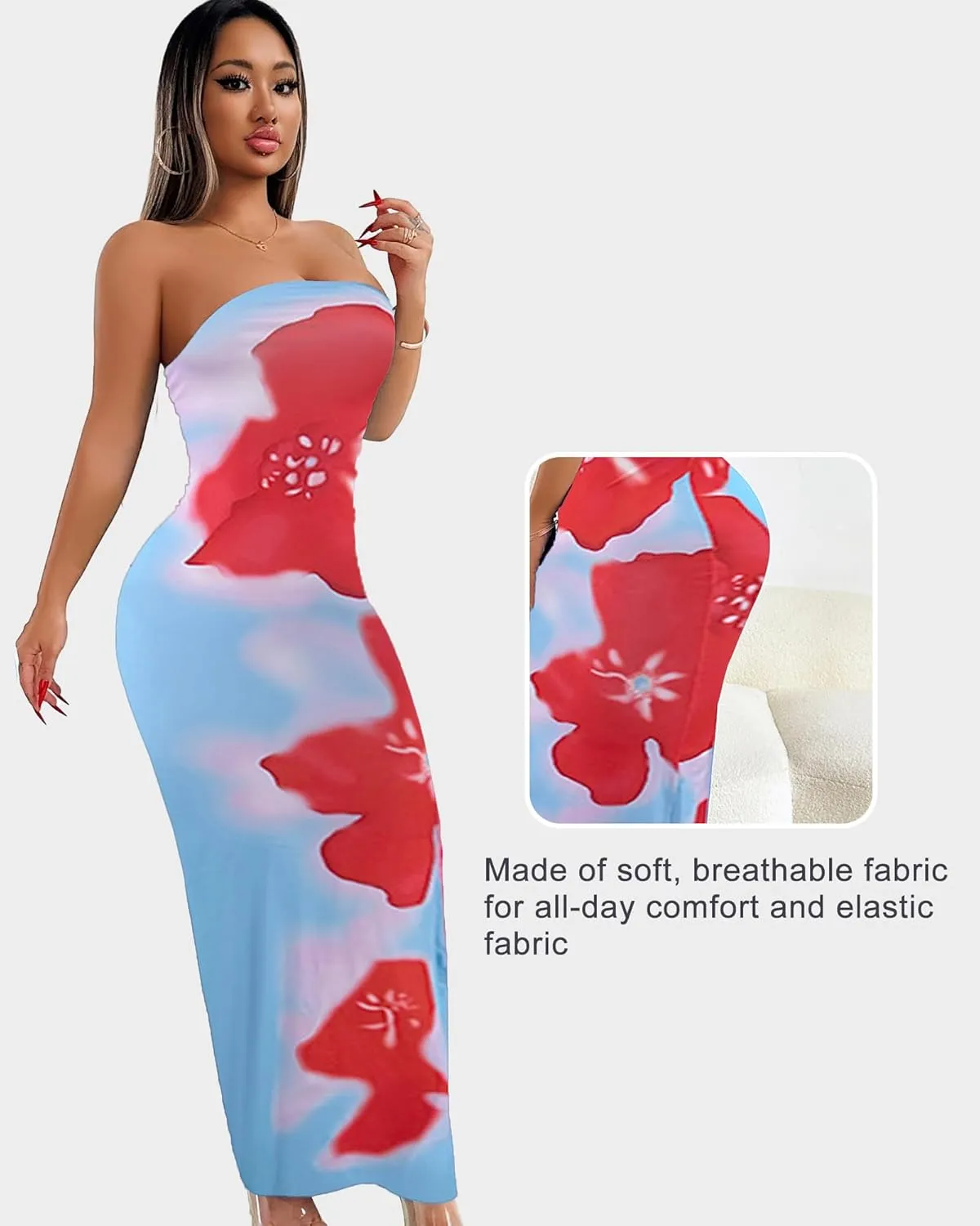 Floral Print Strapless Bodycon Maxi Dress - Sexy Summer Beach Dress for Women, Tropical Vacation Sundress, Club Party