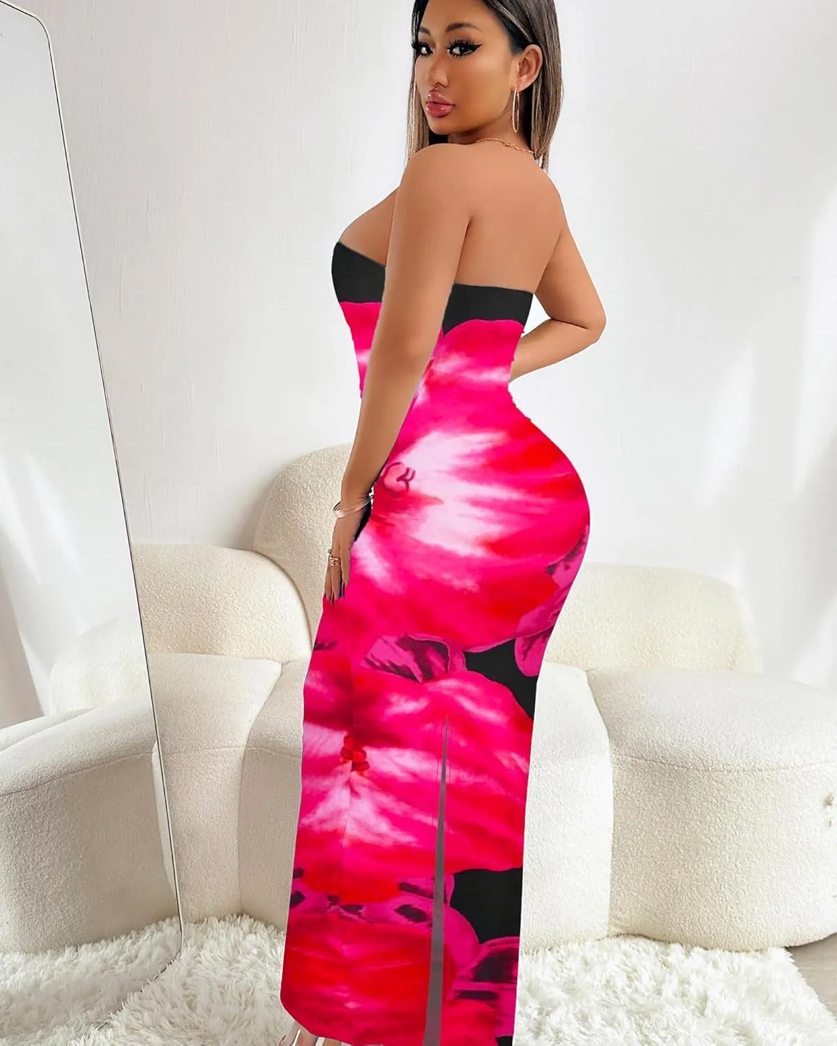 Floral Print Strapless Bodycon Maxi Dress - Sexy Summer Beach Dress for Women, Tropical Vacation Sundress, Club Party