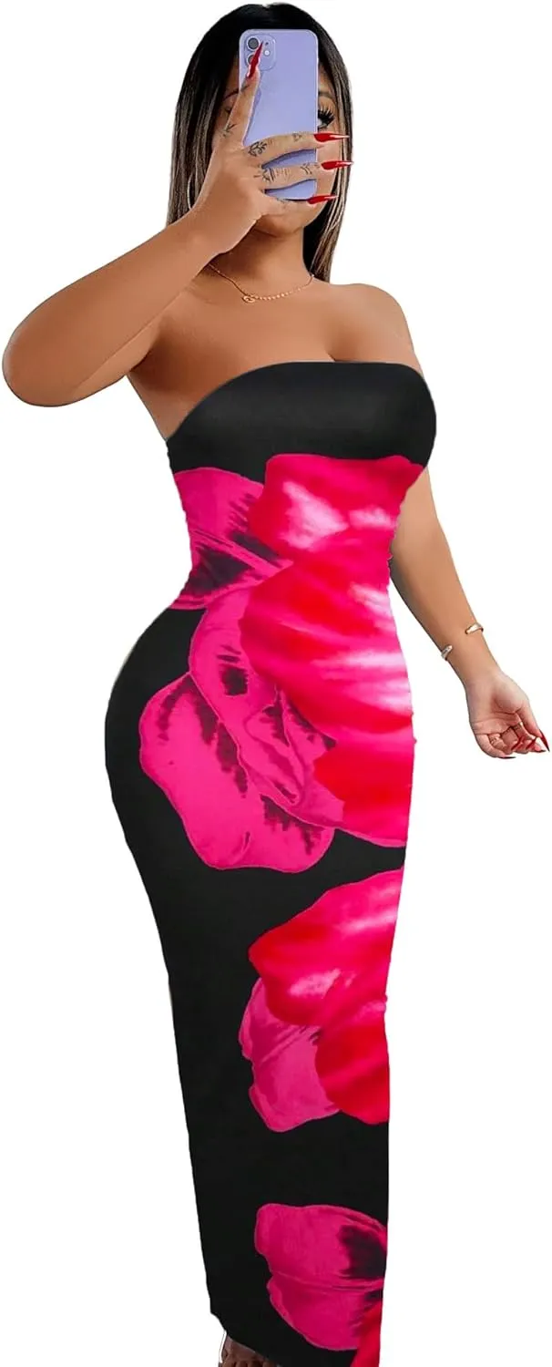 Floral Print Strapless Bodycon Maxi Dress - Sexy Summer Beach Dress for Women, Tropical Vacation Sundress, Club Party