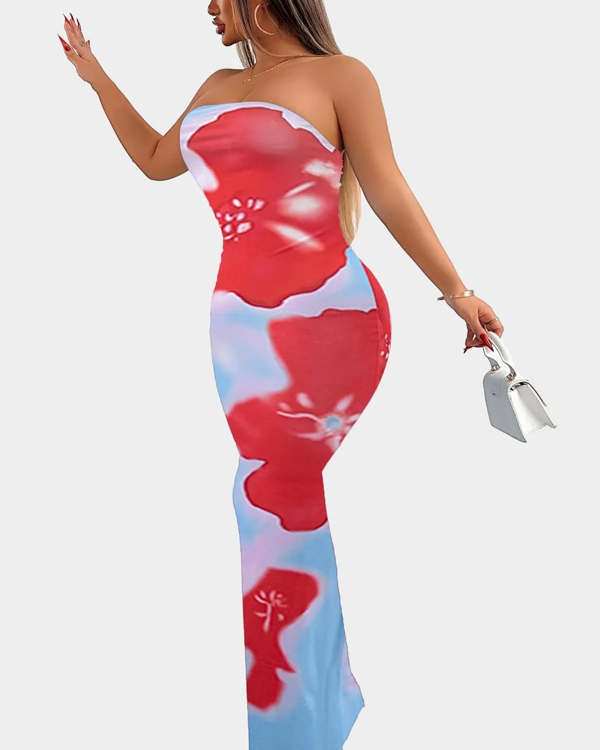 Floral Print Strapless Bodycon Maxi Dress - Sexy Summer Beach Dress for Women, Tropical Vacation Sundress, Club Party