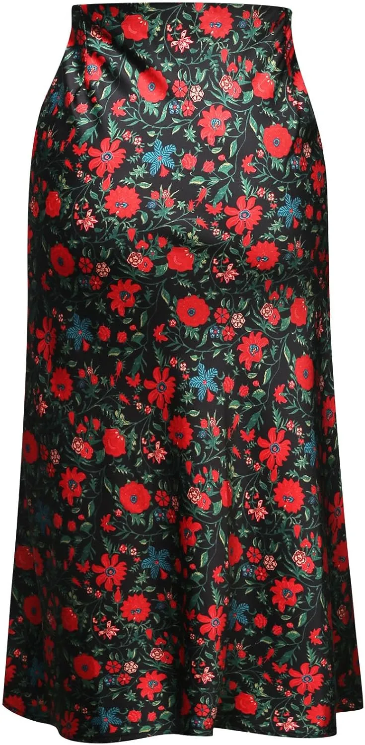 Keasmto Leopard Skirt for Women Midi Length High Waist Silk Satin Elasticized Cheetah Casual Ladies Skirts