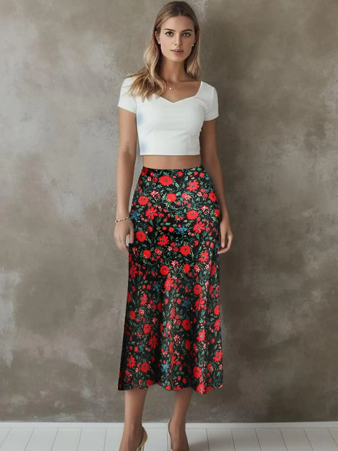 Keasmto Leopard Skirt for Women Midi Length High Waist Silk Satin Elasticized Cheetah Casual Ladies Skirts