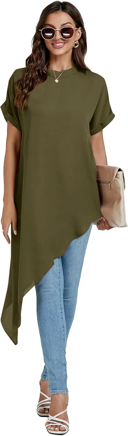 LYANER Women's Casual Mock Neck Short Sleeve Irregular Hem Loose Blouse Long Shirt Top
