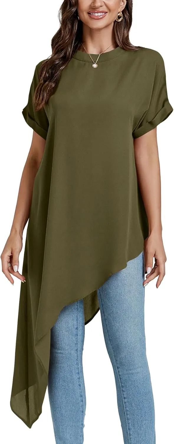 LYANER Women's Casual Mock Neck Short Sleeve Irregular Hem Loose Blouse Long Shirt Top