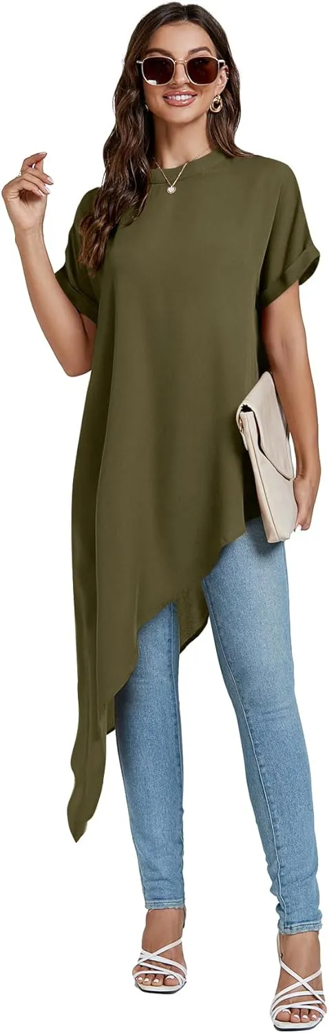 LYANER Women's Casual Mock Neck Short Sleeve Irregular Hem Loose Blouse Long Shirt Top