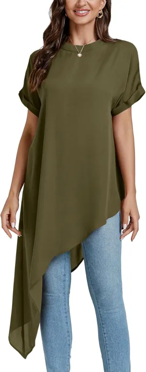LYANER Women's Casual Mock Neck Short Sleeve Irregular Hem Loose Blouse Long Shirt Top