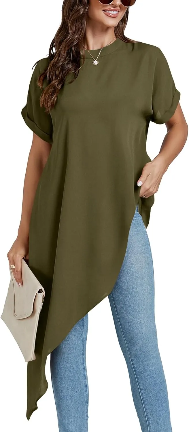 LYANER Women's Casual Mock Neck Short Sleeve Irregular Hem Loose Blouse Long Shirt Top