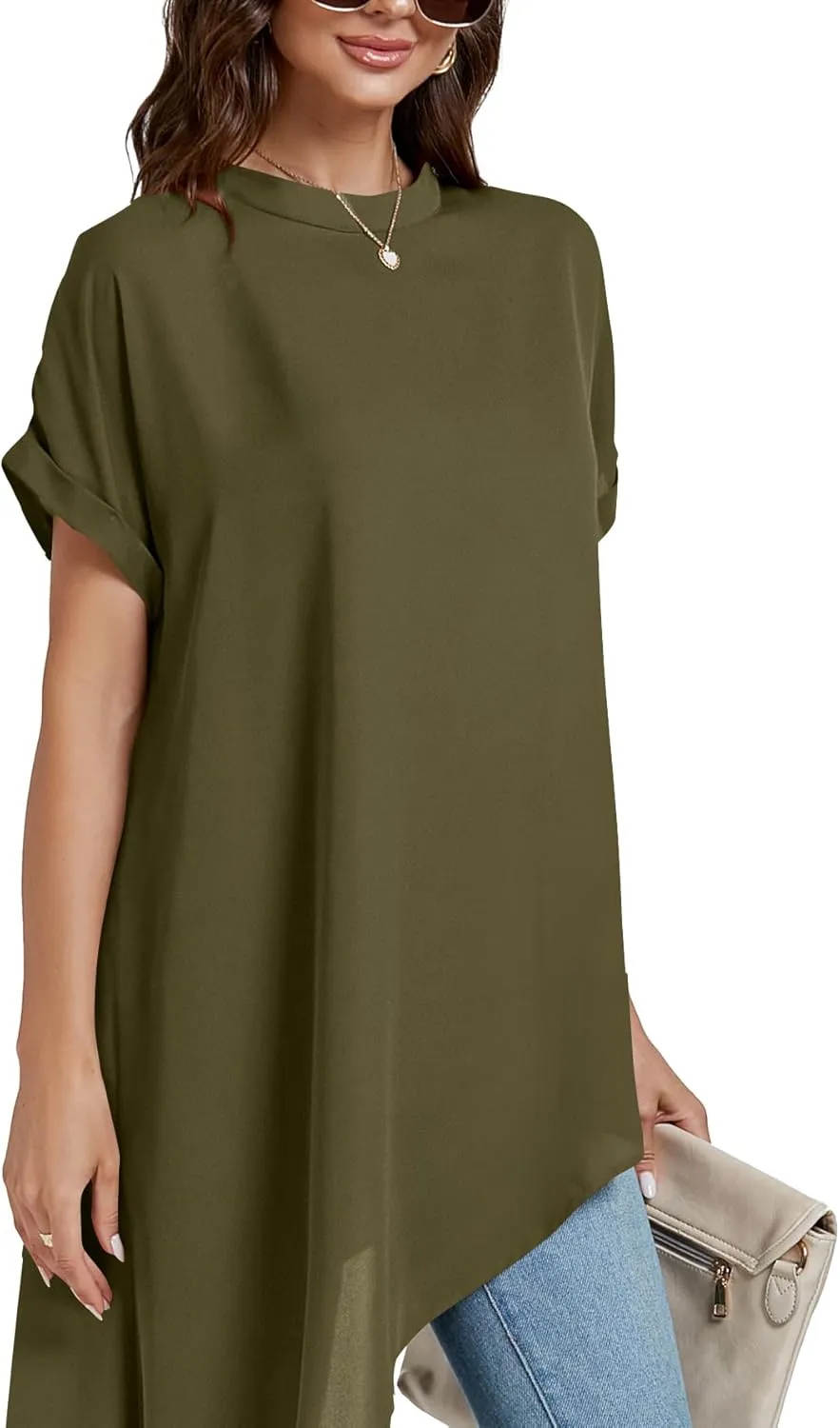 LYANER Women's Casual Mock Neck Short Sleeve Irregular Hem Loose Blouse Long Shirt Top