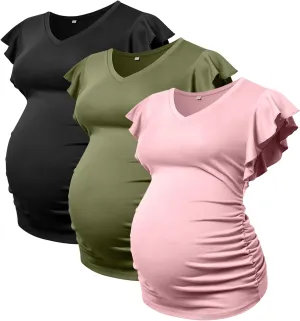 Maternity Pregnancy V Neck Fly Short Sleeve Stylish T Shirt Pregnant Side Ruched Top Shirt