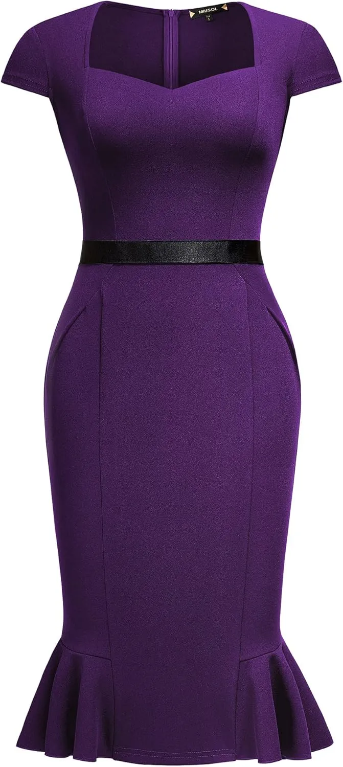 Miusol Women's Retro Square Neck Business Ruffle Hem Cocktail Dress