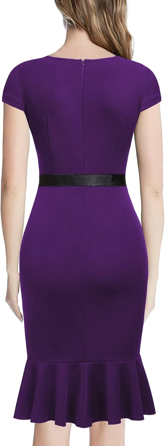 Miusol Women's Retro Square Neck Business Ruffle Hem Cocktail Dress