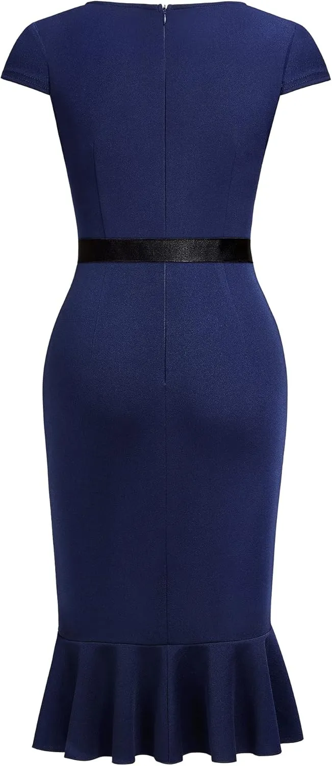 Miusol Women's Retro Square Neck Business Ruffle Hem Cocktail Dress