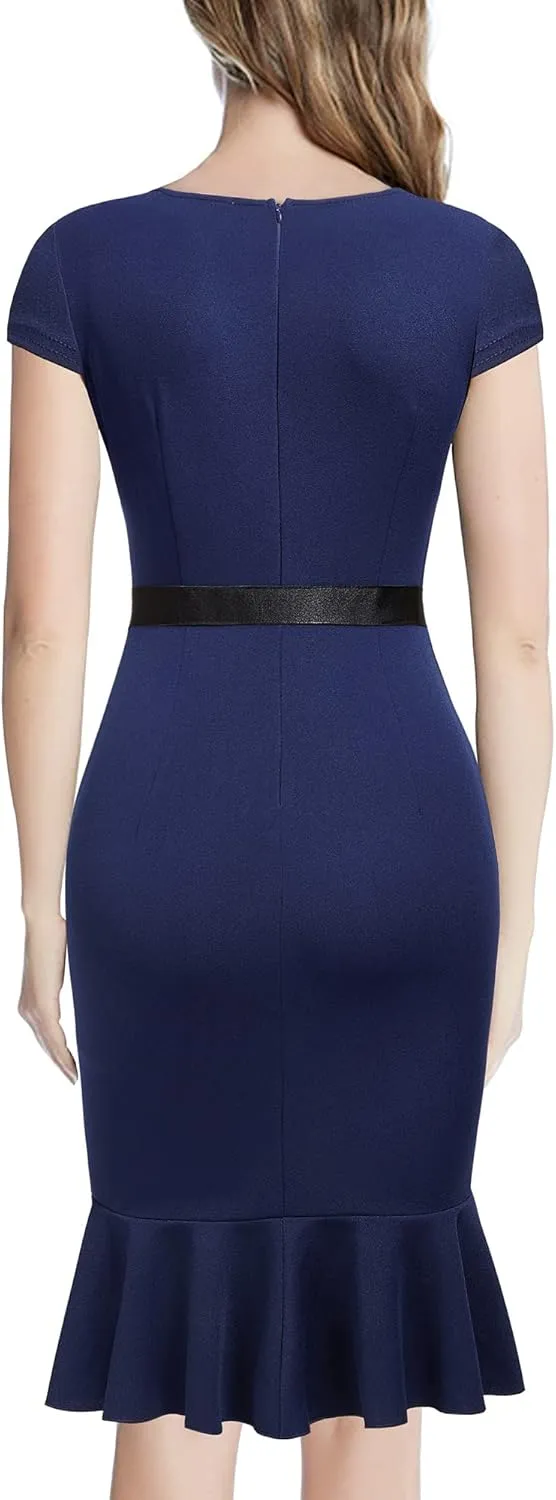Miusol Women's Retro Square Neck Business Ruffle Hem Cocktail Dress