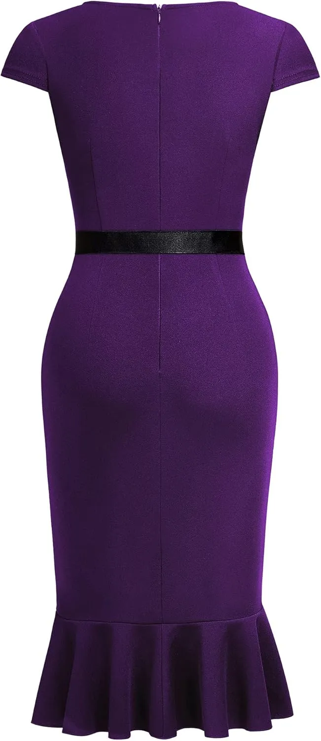 Miusol Women's Retro Square Neck Business Ruffle Hem Cocktail Dress