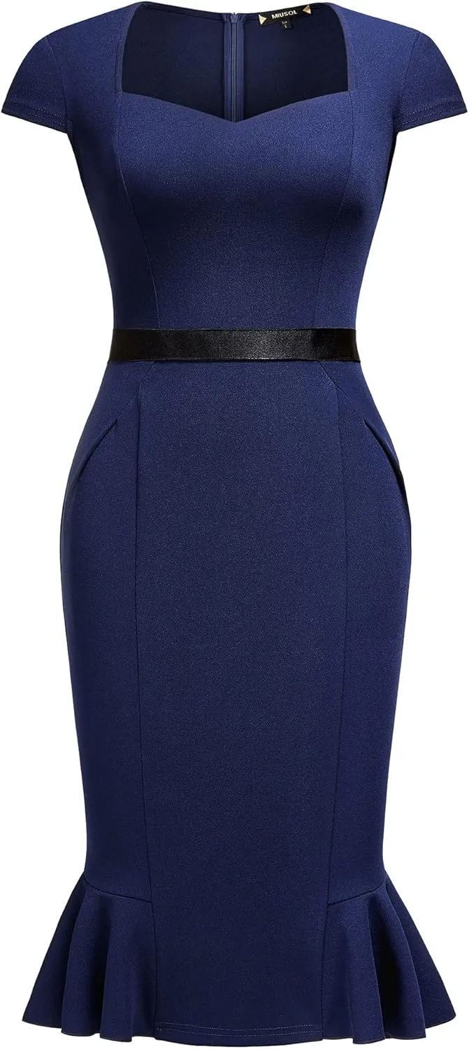 Miusol Women's Retro Square Neck Business Ruffle Hem Cocktail Dress